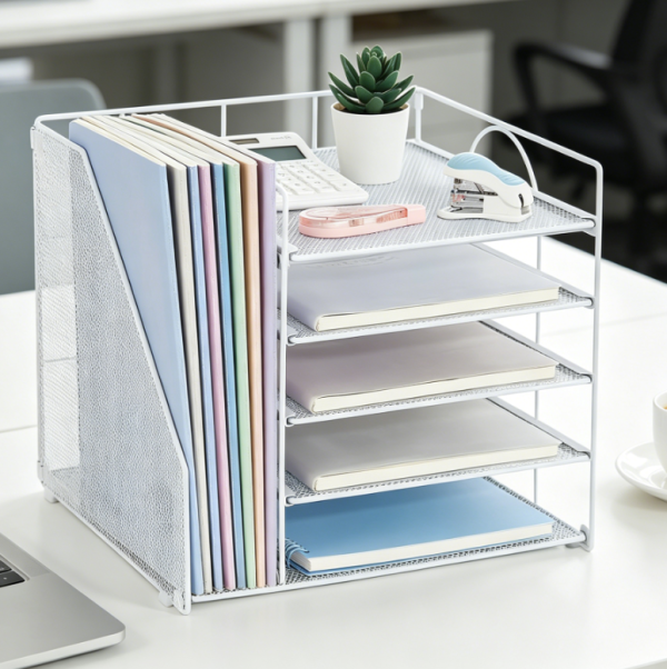 Five-Tier Paper Tray with File Holder, Desktop Organiser for Office Supplies, White