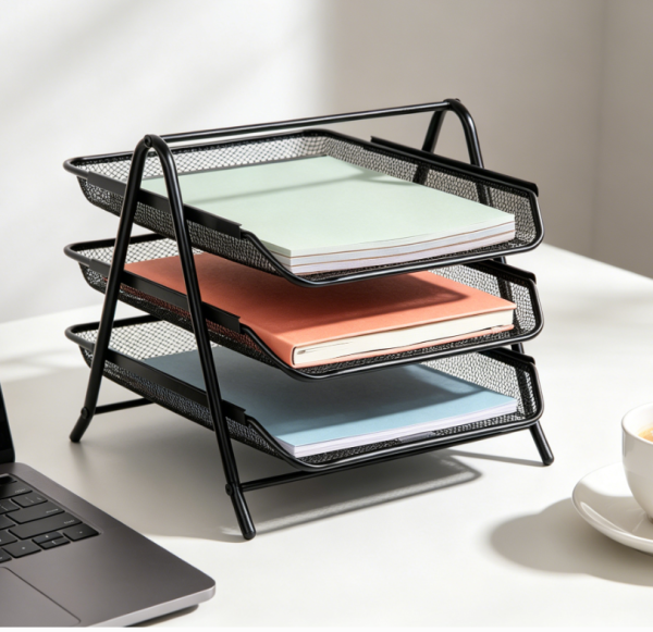 Three-Tier Metal Mesh Paper Tray, Desktop File Storage, Black