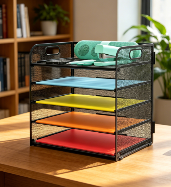 Five-Tier Metal Paper Tray with Handle, Desktop Document Shelf for Office or Classroom, Black