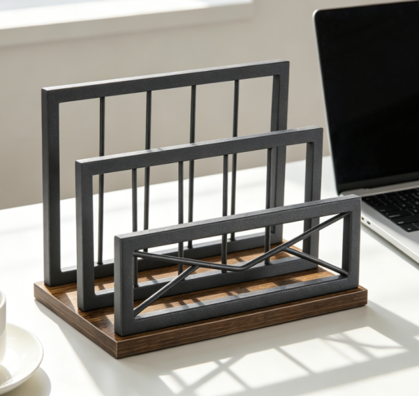 Matte Black Desktop Mail Organiser, Two-Slot Metal File Holder for Home or Office, Rustic Brown