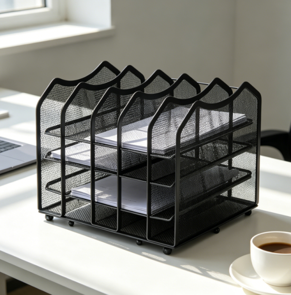 Black Mesh Five-Section Desktop File Sorter, Bookshelf for Home Office