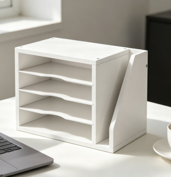 White Wood Desk Organiser with Three Adjustable Shelves, Mail Paper Sorter for Home Office