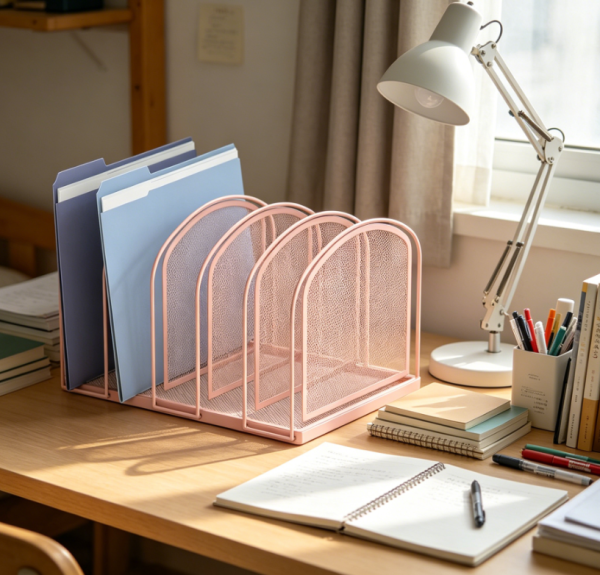 Pink Mesh Desk Organiser, Five-Section Upright File Sorter for Office Supplies