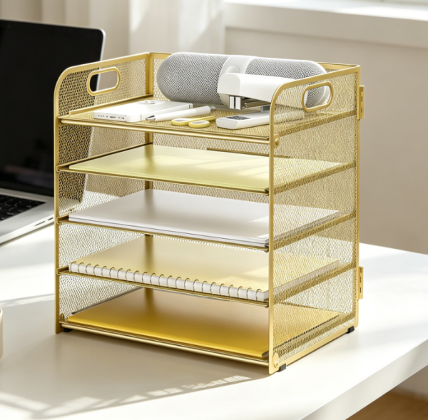 Gold Five-Tier Metal Paper Tray with Handle, Desktop Document Shelf for Office