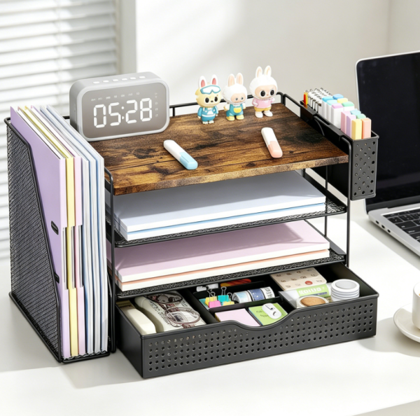 Wood Desk Organiser with File Holder, Four-Tier Paper Tray with Drawer and Pen Holder