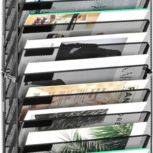 Black Fourteen-Tier Wall File Holder with Flat Tray, Mesh Desk Organiser with Replaceable Labels