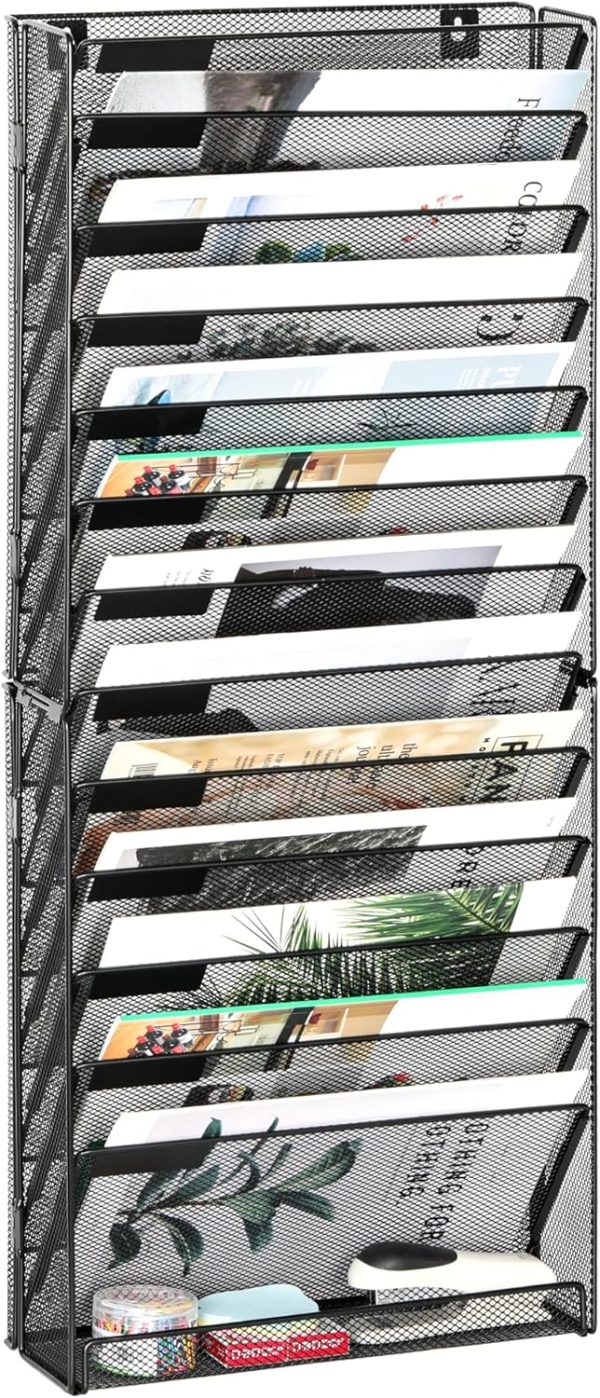 Black Fourteen-Tier Wall File Holder with Flat Tray, Mesh Desk Organiser with Replaceable Labels