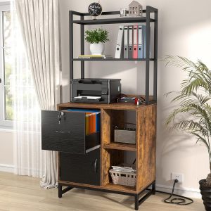 Black and Rustic Wood Vertical Filing Cabinet with Lock and Charging Station, for Letter Size Documents